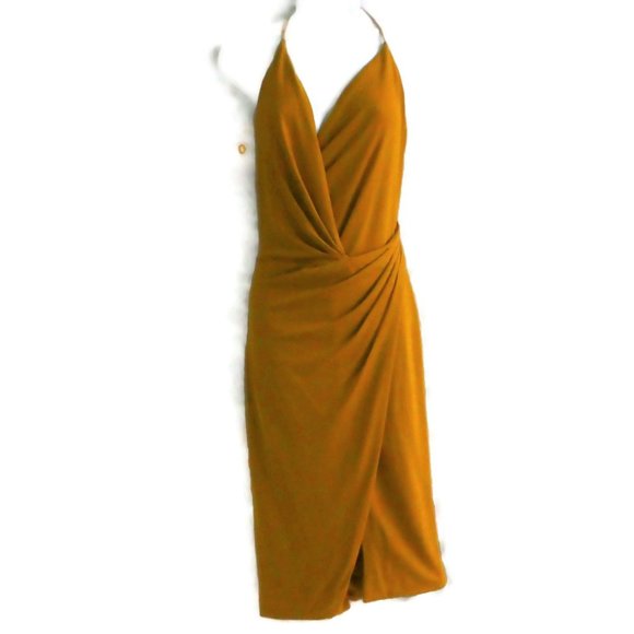 Cushnie Dress Wrap Ruched Mustard Surplice Halter